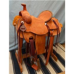 Morris Saddlery, 14.5", association, flat plate double rig, rough out, rawhide bound cantle & horn, 