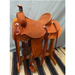 Morris Saddlery, 15", association, double rig, rough out, rawhide bound cantle & horn, brand new