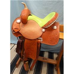 Morris Saddlery, 12", barrel saddle, stamped & carved, rawhide horn, padded green seat, rhinestone s