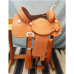 Morris Saddlery, 14", barrel saddle, rough out fenders, padded seat, silver conchos, rawhide horn, r