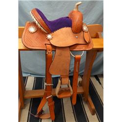 Morris Saddlery, 10", barrel saddle, rough out seat & fender, padded purple seat, stamped, rawhide h