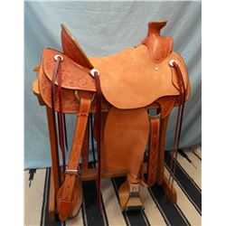 James Morris, 16.5", Wade tree, flat plate rig, 6" bell stirrups, stamped & tooled, rough out seat &