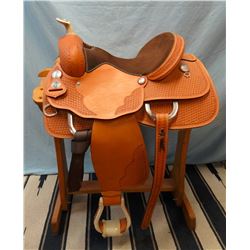 Circle P, 16", trail saddle, double rig, basket stamp, brand new