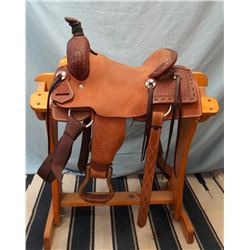 SRS Saddlery, Pilot Point, TX, 13", junior cutter, double rig, buckstitch, basket stamp