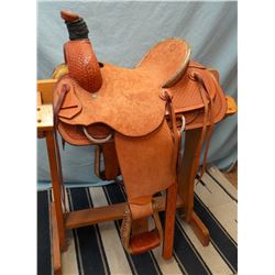 Sante Fe, 13", junior roper, double rig, rawhide wrapped cantle, basket stamp, rough out seat & fend