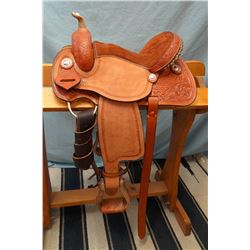 Morris Saddlery, 12", barrel saddle, stamped & carved, arrow stamp border, rough out fenders,  padde
