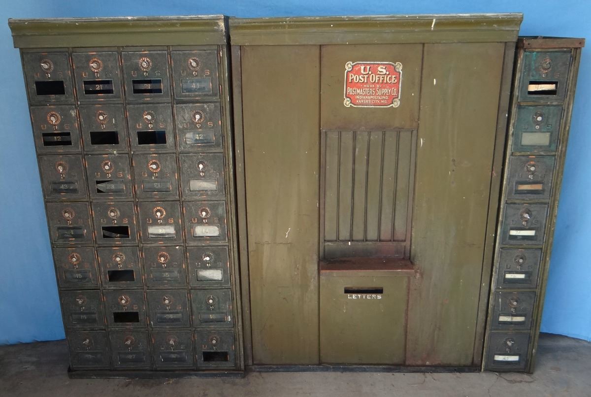 U.S. postal mail boxes, from Ft. Shaw Post Office, vintage, 3 sections