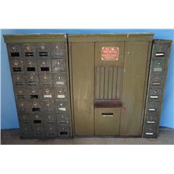 U.S. postal mail boxes, from Ft. Shaw Post Office, vintage, 3 sections, 33”w, 25”w & 7”w, all 47”h x