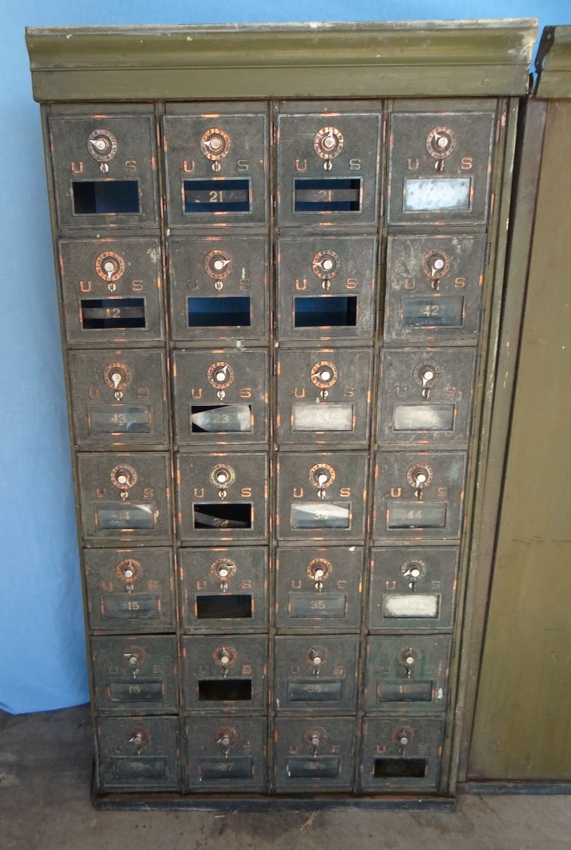 U.S. postal mail boxes, from Ft. Shaw Post Office, vintage, 3 sections