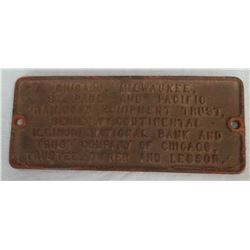 Railroad iron sign, Chicago, Milwaukee, St. Paul & Pacific RR Equipment Trust