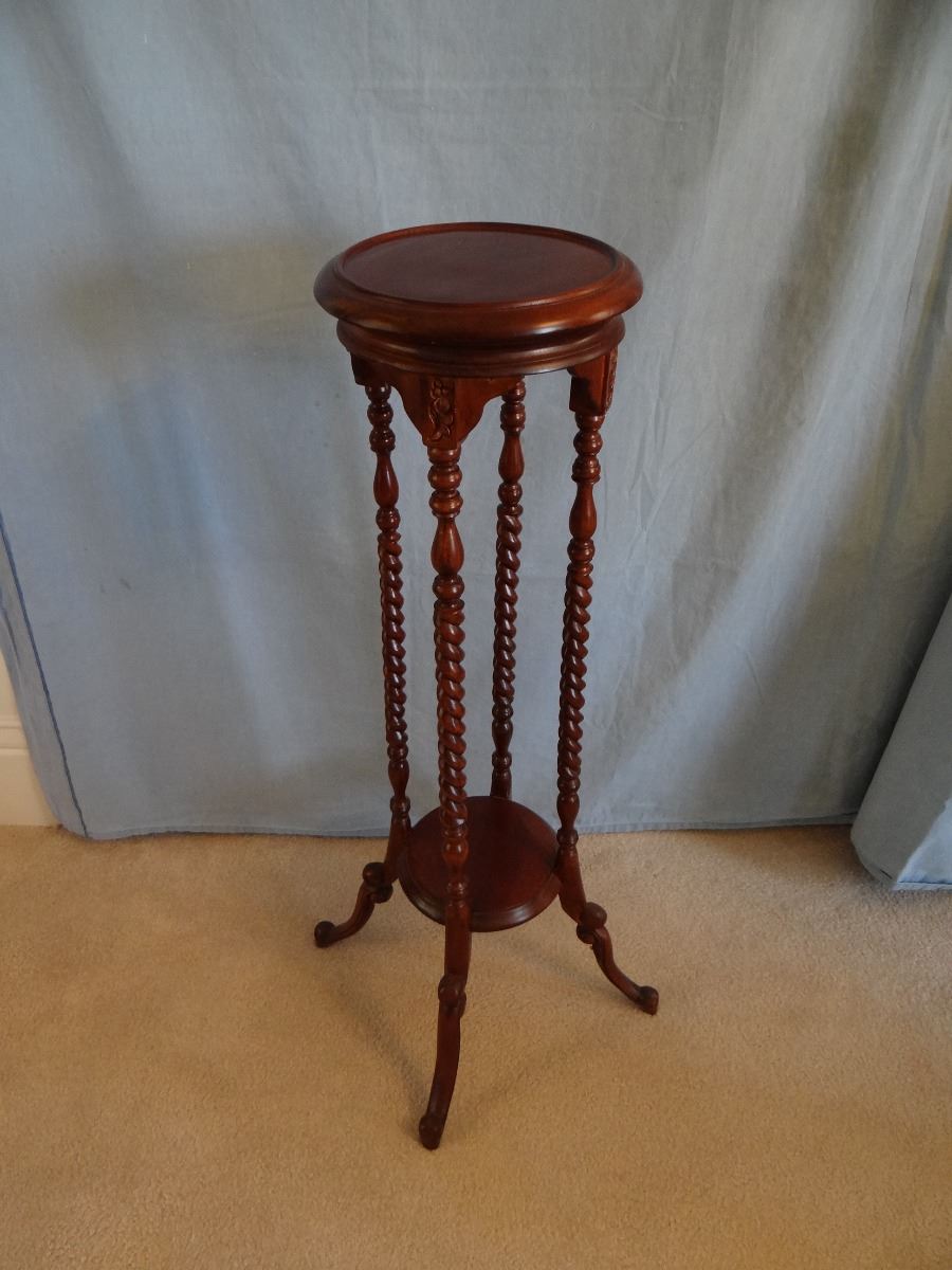 Mahogany plant stand, barley twist legs, 11”w x 39”h