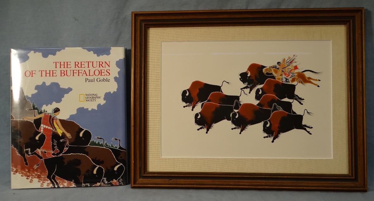 Paul Goble watercolor, Indian Buffalo Hunt, 9" x 13", with Goble's book