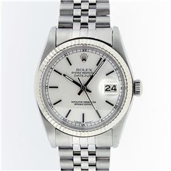 Rolex Mens Stainless Steel Silver Index and White Gold Fluted Bezel Datejust Wri