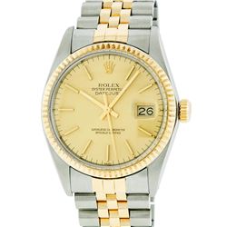 Rolex Mens Two Tone Gold Champagne Index and Fluted Bezel Datejust Wristwatch
