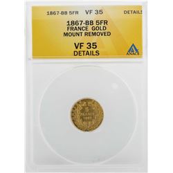 1867-BB France 5 Francs Gold Coin ANACS VF35