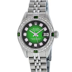 Rolex Ladies Green Vignette Diamond and Emerald Datejust Wristwatch