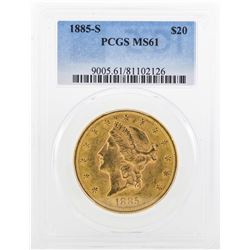 1885-S $20 Liberty Head Double Eagle Gold Coin PCGS MS61