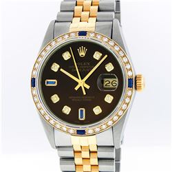 Rolex Mens Two Tone Brown Diamond and Sapphire Datejust Wristwatch