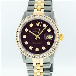 Rolex Mens Two Tone 2.95CT Princess Cut Maroon Diamond Datejust Wristwatch