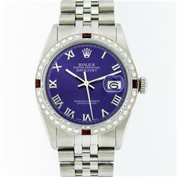 Rolex Mens Stainless Steel Purple Roman Diamond and Ruby Datejust Wristwatch