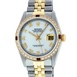 Rolex Mens Two Tone MOP Roman Ruby and Diamond Datejust Wristwatch