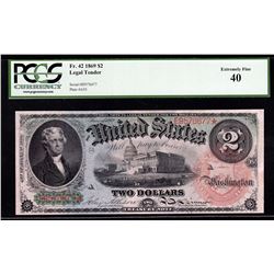 1869 $2 Legal Tender Rainbow Note PCGS Graded XF40