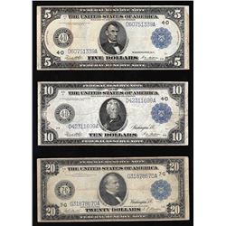 Set of 1914 $5, $10, $20 Large Size Federal Reserve Notes
