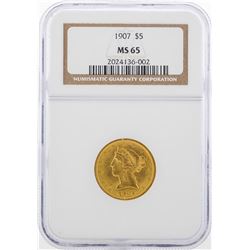 1907 $5 Liberty Head Half Eagle Gold Coin NGC MS65
