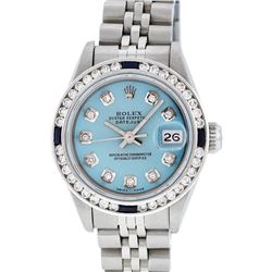 Rolex Ladies Stainless Steel Blue Diamond And Sappphire Datejust Wristwatch