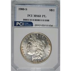 1900-S MORGAN SILVER DOLLAR, PCI CHOICE BU PROOF-LIKE
