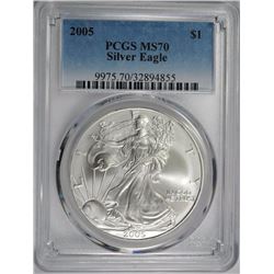 2005 AMERICAN SILVER EAGLE, PCGS MS-70  PCGS PRICE GUIDE=300.00
