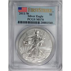2011-W AMERICAN SILVER EAGLE, PCGS MS-70  FIRST STRIKE  PCGS PRICE GUIDE=$180.00