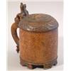 Image 1 : A 17th Century Scandinavian burr wood peg tankard with lion thumbpiece and lion carved lid on fou...