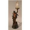 Image 1 : An Edwardian bronzed spelter bacchic figure lamp, signed Aichele, on marble socle 25in....