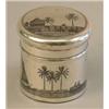 Image 1 : A Middle Eastern silver coloured metal and damascened jar and cover, decorated with boats and pal...