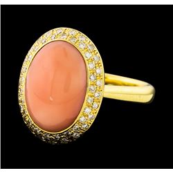 Coral and Diamond Ring - 18KT Yellow Gold