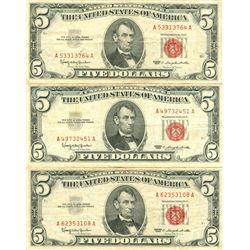 1963 $5 VG/XF Red Seal Note Lot of 3