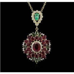 14KT Yellow Gold 16.54 ctw Ruby, Emerald, Sapphire and Diamond Pendant W/ Chain