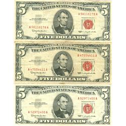 1963 $5 VG/XF Red Seal Note Lot of 3