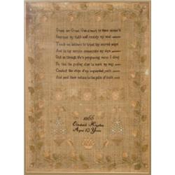 A Victorian Sampler, by Elizabeth Hughes, 1866, aged 12 years, with a verse and birds, within a m...