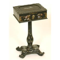 A Victorian Papier Mache Worktable, the top decorated a scene of Windsor Castle, with mother of p...
