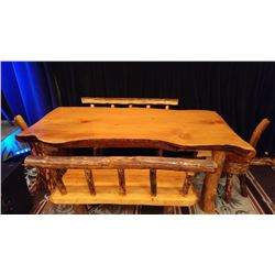 SOLID FIR HAND CARVED DINING TABLE WITH 2 BENCHES AND 2 END STOOLS