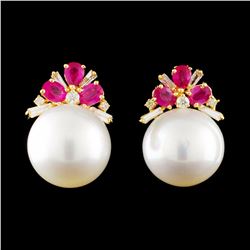 18K Gold 12.50MM Pearl & 0.35ctw Diamond Earrings