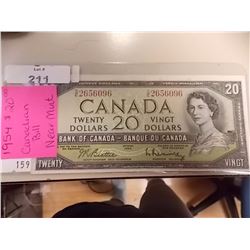 BANK NOTE - CANADIAN $20 - 1954 - NEAR MINT