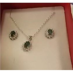 NECKLACE & EARRING SET - NEW - EMERALD AND DIAMONDS IN STERLING SILVER SETTING - 2CT - INCLUDES CERT