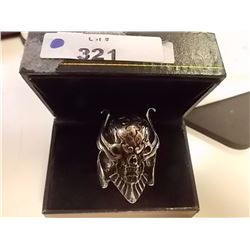RING - MAN'S STAINLESS STEEL SKULL BIKER RING WITH GARNET EYES - HIGH POLISH FINISH - INCLUDES CERTI
