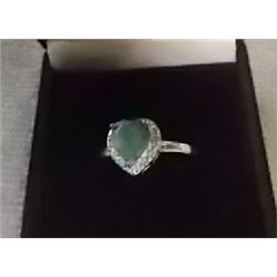 RING - HEART CUT EMERALD & DIAMONDS IN STERLING SILVER SETTING - RETAIL ESTIMATE $225