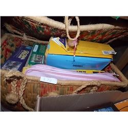 BASKET OF PUZZLES AND SEWING CRAFT & 2 BAGS OF CRAFTS