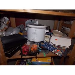SHELF LOT OF DISHES - CROCK POT AND MORE