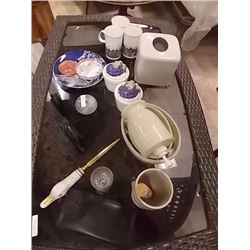 SHELF LOT OF COLLECTABLES AND OTHER - SOAP STONE, CUPS, BOWLS AND MORE